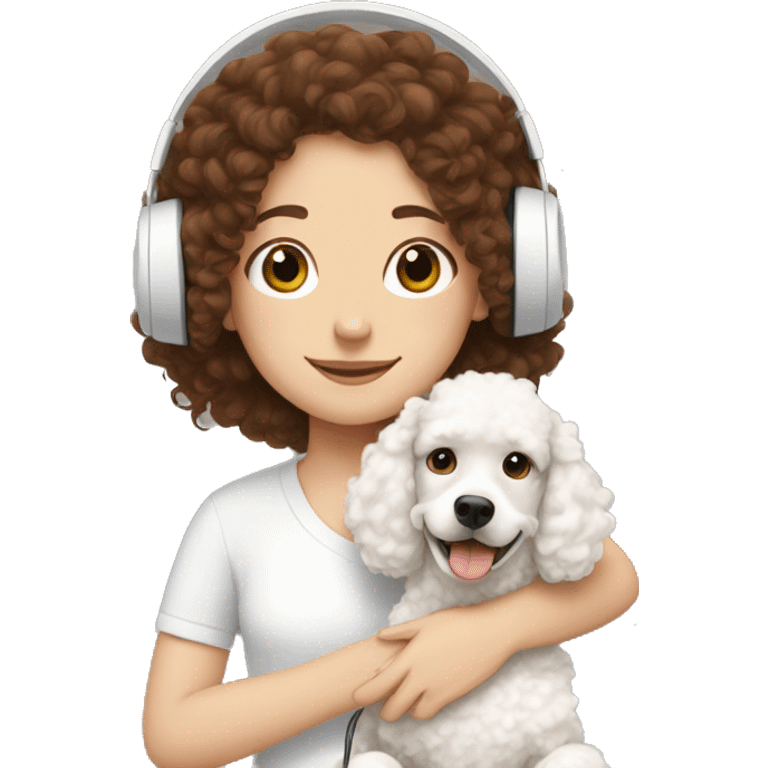 white girl with brown curly hair and headphones hugging a white poodle emoji