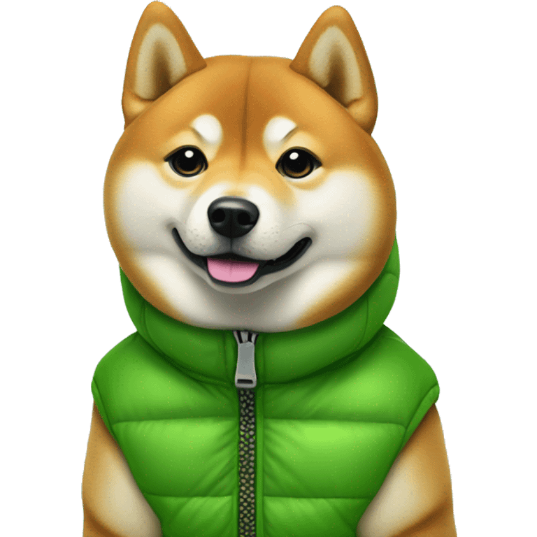 Shiba inu wearing vibrant green puffer jacket portrait emoji