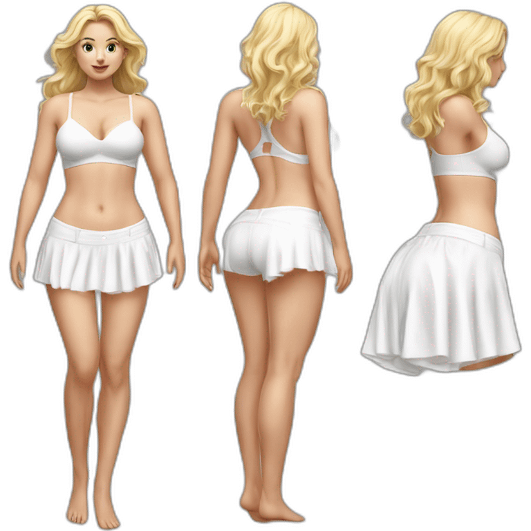 Hyperrealistic Full body Caucasian curvy beauty white knickers back and front views white skirt strong wind emoji