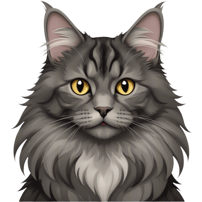 Hobby cats, Maine Coon, black smoke color pattern, fluffy fur, elegant pose, expressive eyes, grey collar, grey pronounced ear tufts, minimalistic, on a white background, no extra details. emoji