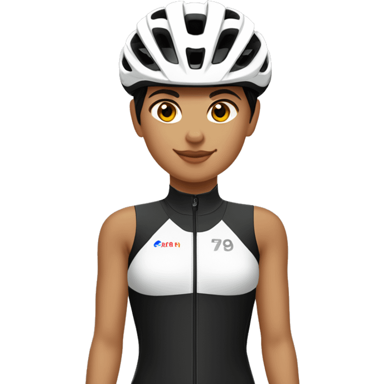 Ciclista MUJER de piel morena clara de contextura delgada estatura alta con zapatillas de ruta blancas licras negras y maillot blanco casco blanco emoji