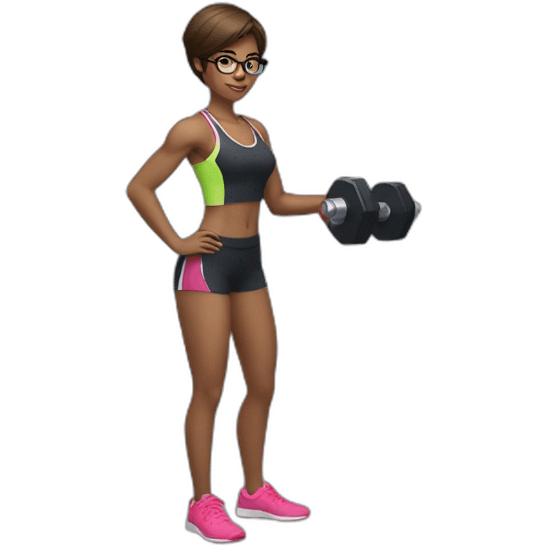 Sports Girl with short hair glasses holding dumbbell emoji