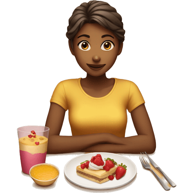 Girl eating desert on a table emoji