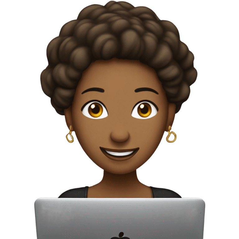 mujer, de piel trigueña, pelo negro y largo, ojos marrones, saludando con un mano y sonriente. tiene una laptop emoji