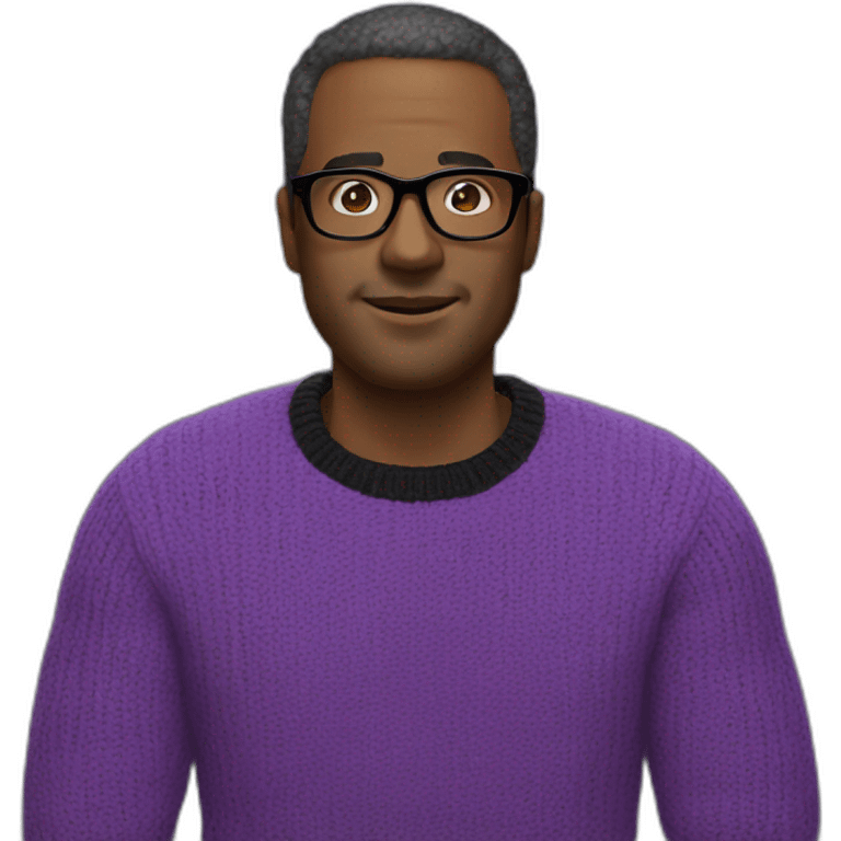 Man, purple sweater, black glasses, bold emoji