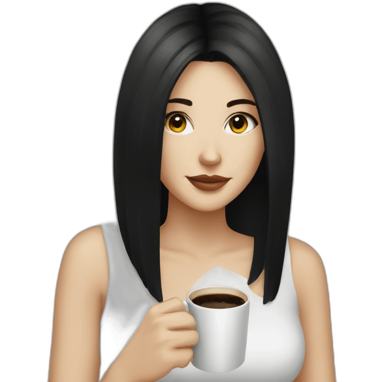 White girl black hair sipping coffee  emoji