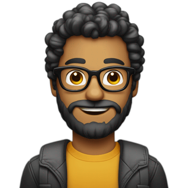 homem com cabelo e barba pretos com boina e óculos nerd. emoji