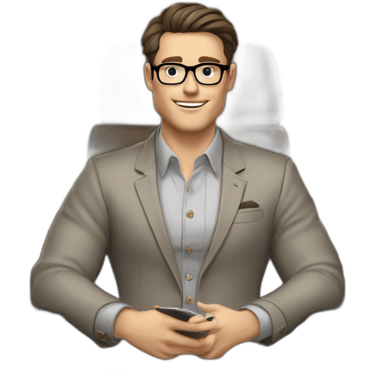 Pale skinned Fit Man With dark brown hair in gray jacket, beige office shirt, Brown pants and vintage glasses sitting In a soft chair with a notebook with emblem Ψ and a pen in his hands emoji