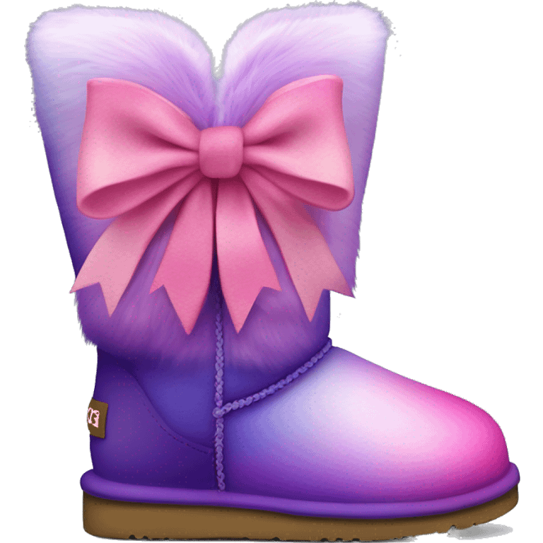 Realistic pair of pink to purple ombre fur Ugg boots with silk ribbon bows. emoji