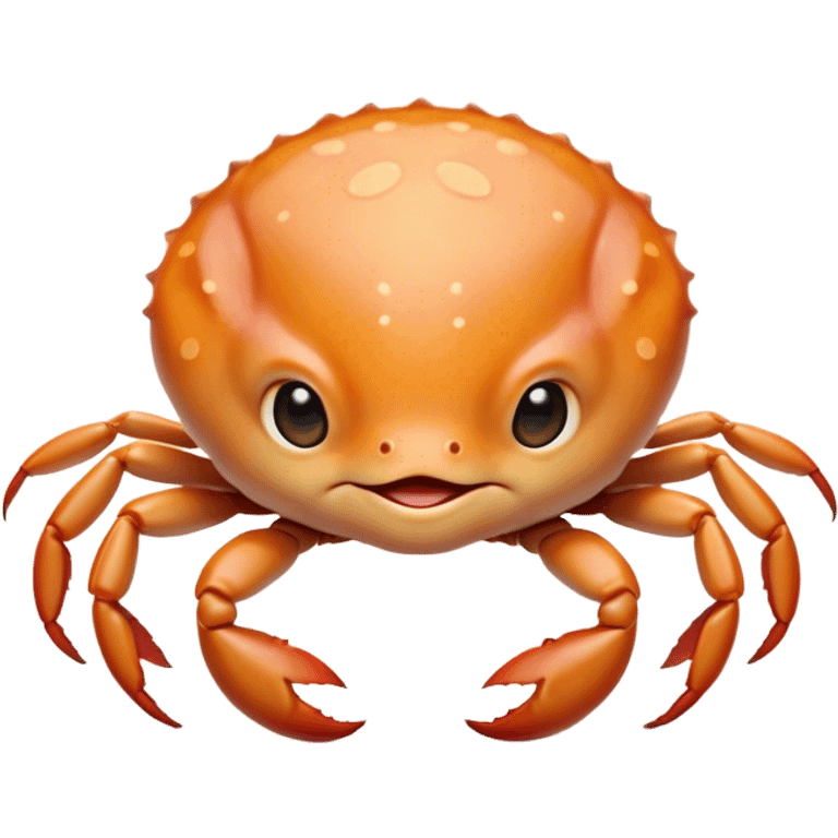 Cinematic Cute Baby Crab Portrait Emoji, Head tilted playfully and inquisitively, featuring an adorably small form with a delicately patterned carapace, round, sparkling eyes, and tiny, endearing pincers, Simplified yet irresistibly adorable features, highly detailed, glowing with a warm, friendly coastal glow, high shine, affectionate and lively, stylized with a touch of seaside whimsy, soft glowing outline, capturing the essence of a mischievous yet loving baby crab that seems as if it could pinch its way out of the screen into your arms! emoji