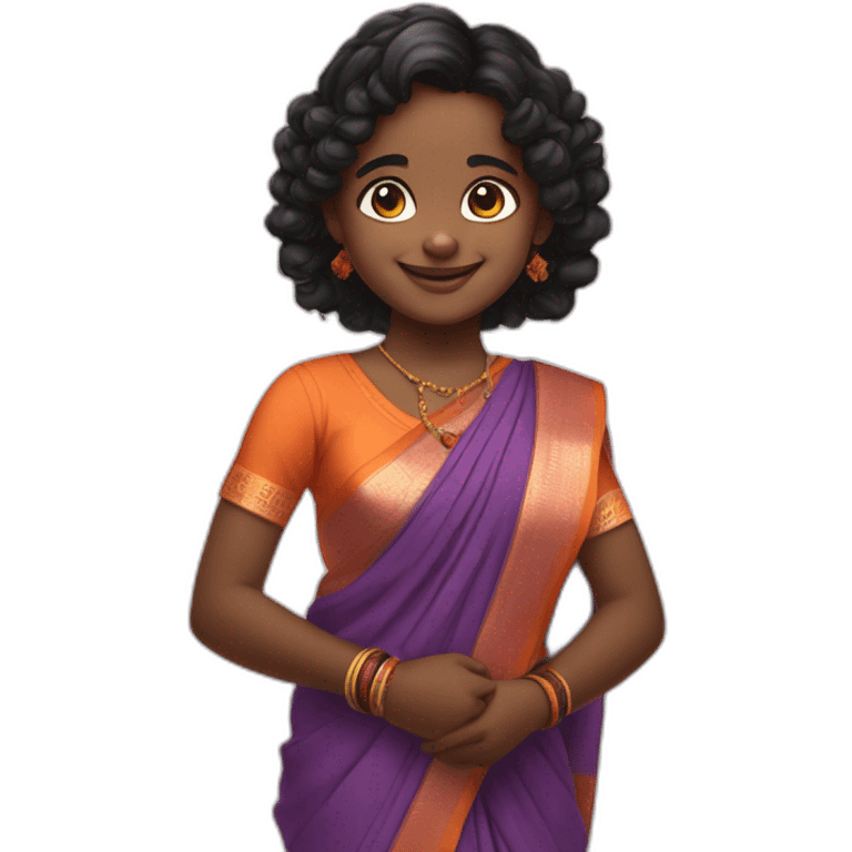 smiling and pointing 3 years old dark skin indian girl with black curly hair in pigtails wearing a orange saree emoji