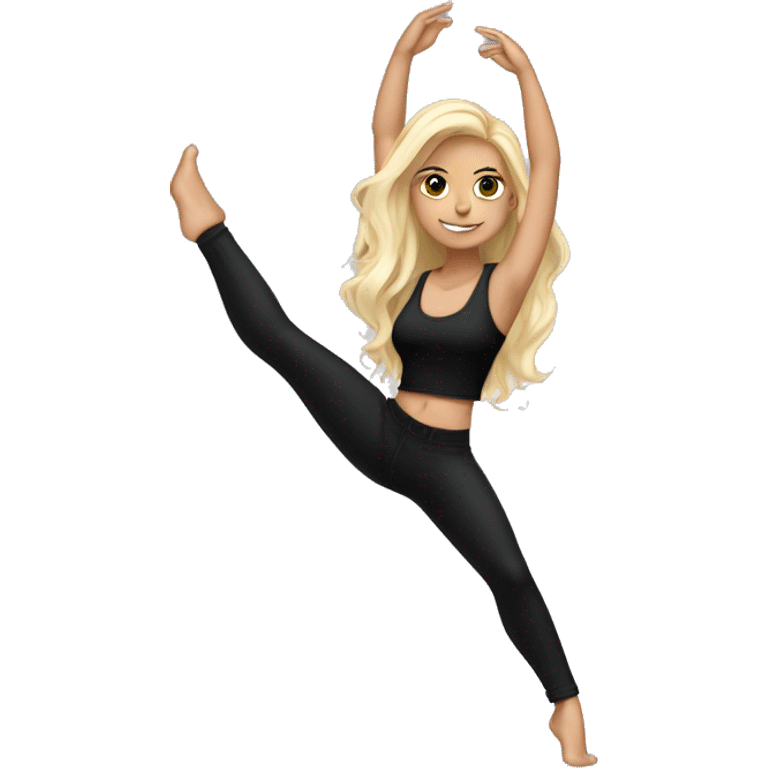 A girl with blond hair pole dancing a black short pants and a black crop top, she has long hair but not to long   emoji