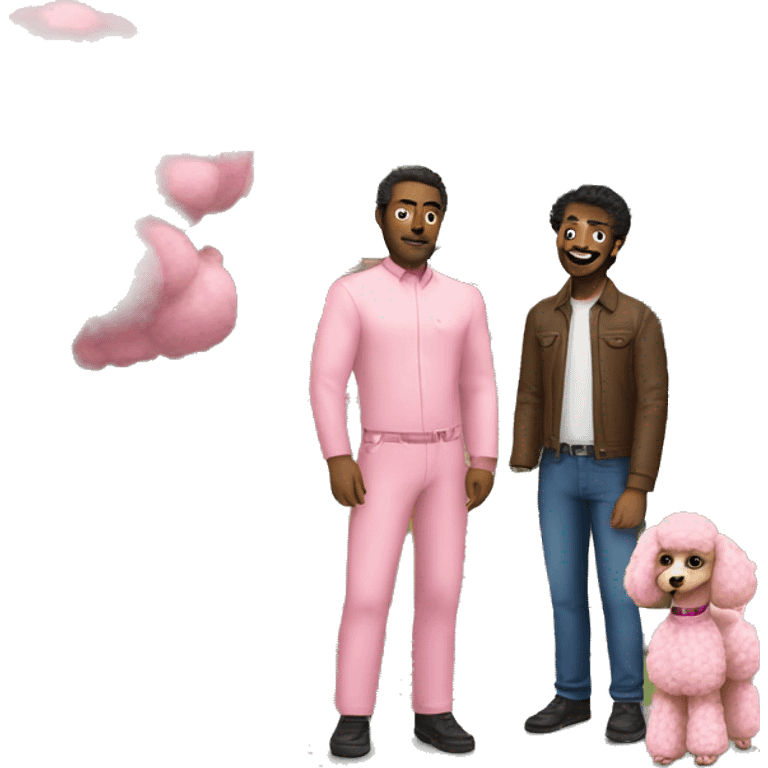 Two husbands with a pink poodle in front of a house emoji