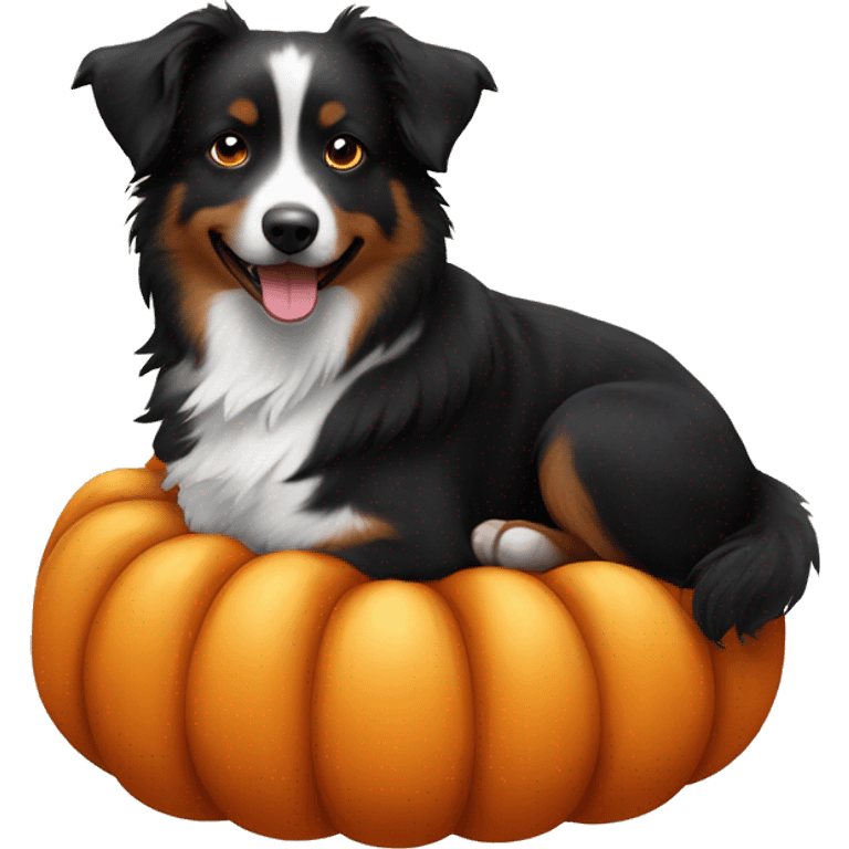 Small black australian shepherd dog in a pumpkin emoji