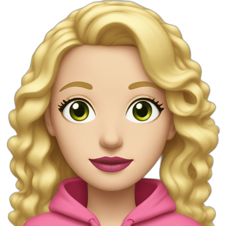  One white woman with wavy blond hair and long eyelashes and green eyes wearing pink lipstick and pink hoodie  emoji