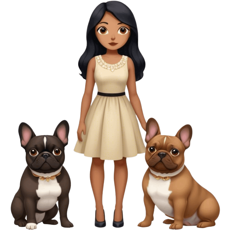 latin woman in a dress with long black hair standing alongside two French bulldogs  emoji