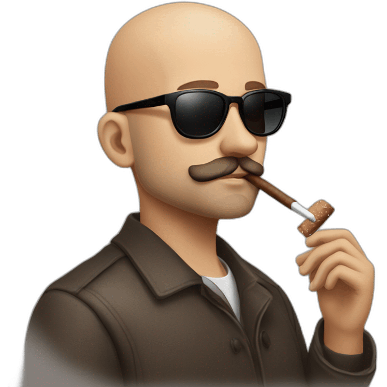 Andrew Tate, bald, small beard and mustache, sunglasses, smoking a tobacco cigar, Andrew Tate's appearance is serious emoji