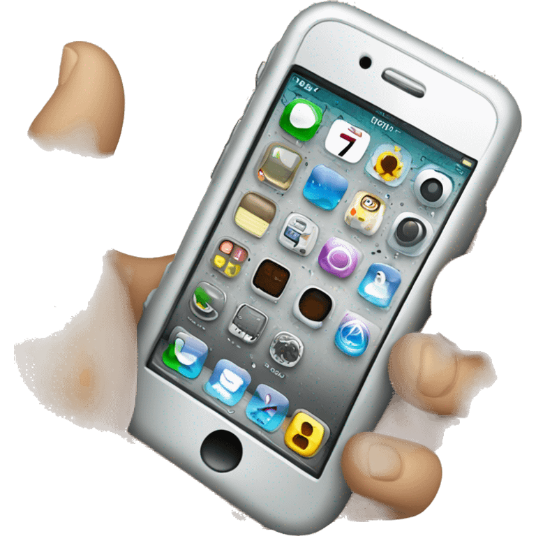 iPhone 2007, silver with iPhoneOS 1.0, in hand  emoji