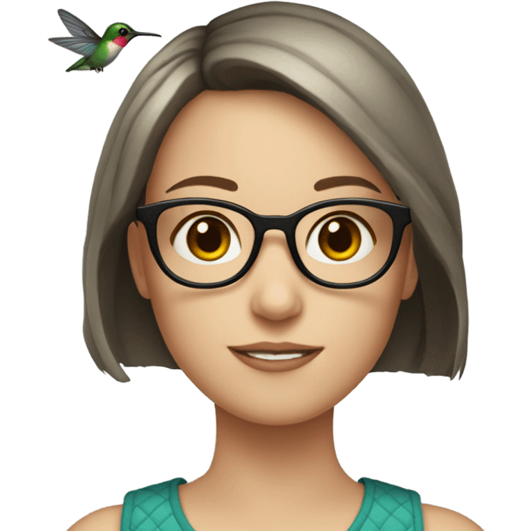 Girl pale , brunette, with short hair, wearing glasses with a hummingbird next to her emoji