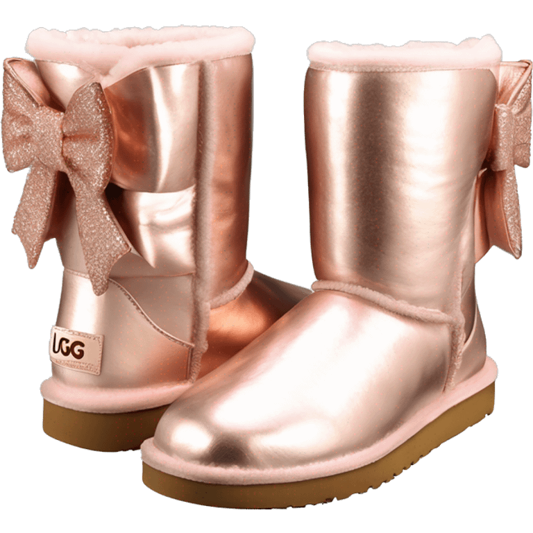 Realistic rose gold  iridescent Ugg boots with silk rose gold  bow. emoji