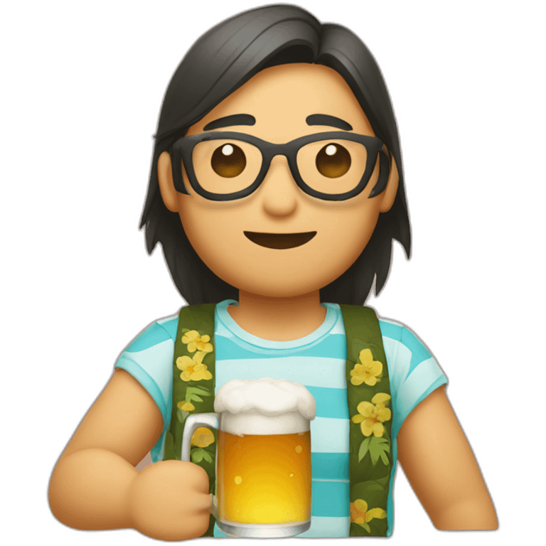 Japanese wearing roundglasses alohashirt is holding beer emoji