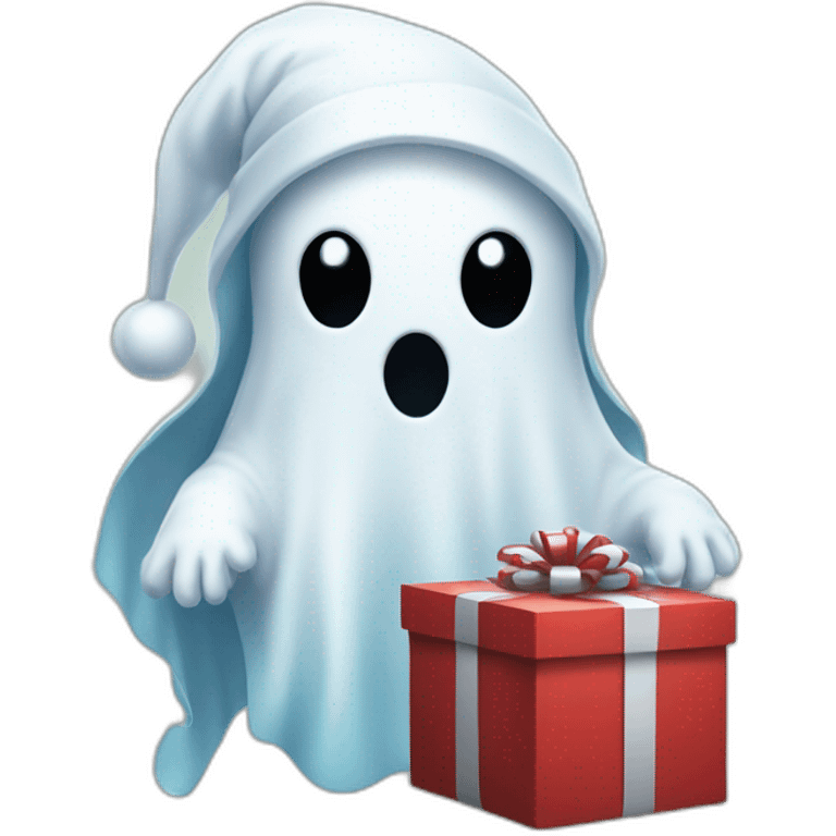 Ghost wearing a Santa hat holding a present emoji