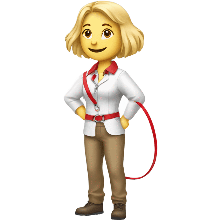 Put a Red dog collar on a blond white human female and add a red leash connected to the collar emoji