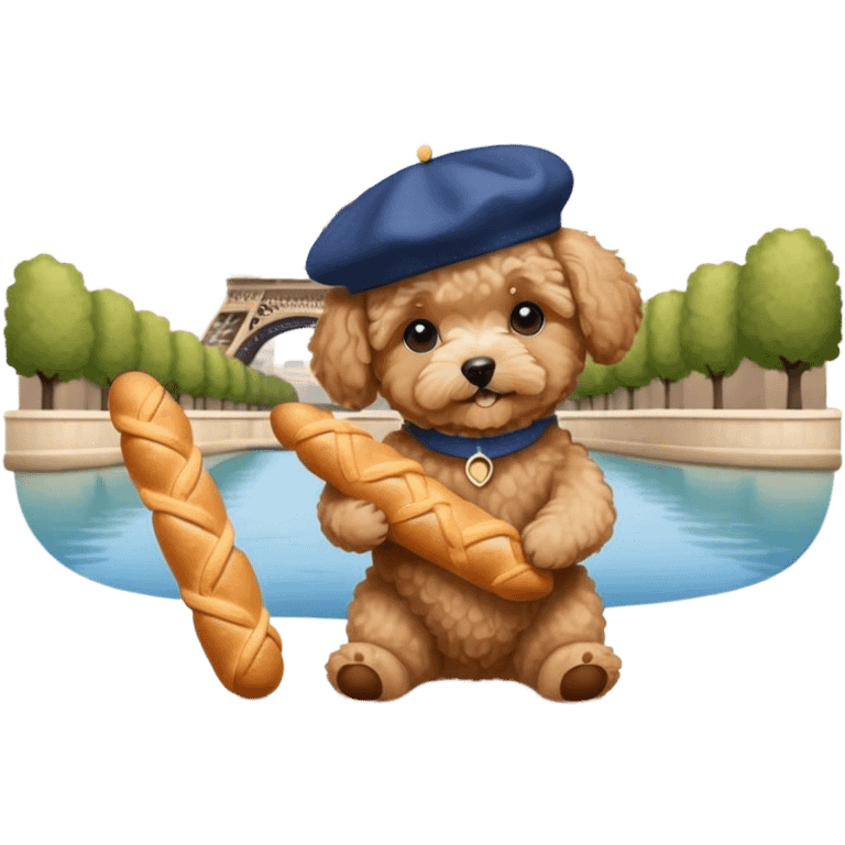 Tan maltipoo wearing a beret in Paris holding a baguette by the Eiffel Tower  emoji