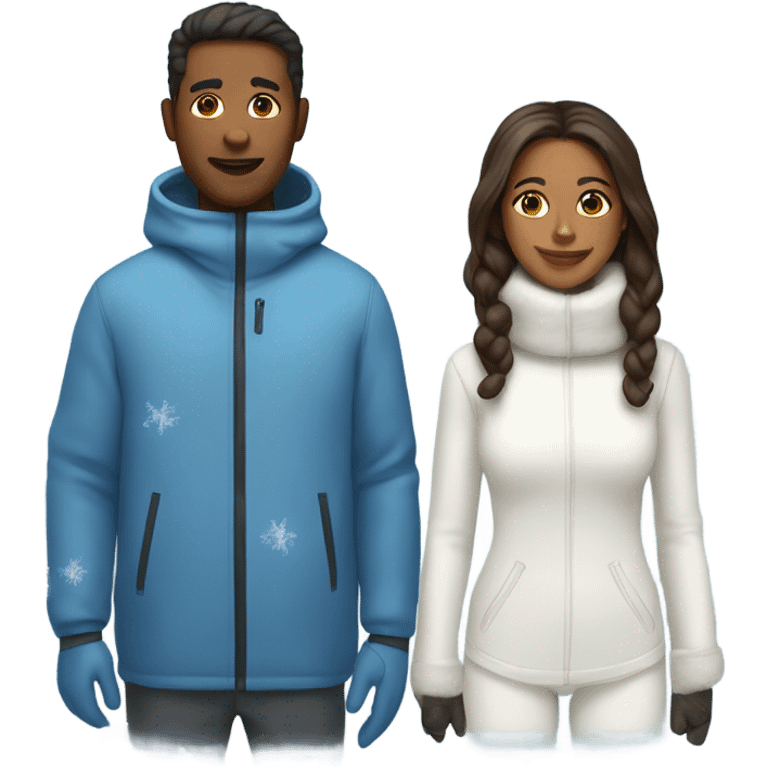 Brown woman and white man in matching snow suits emoji