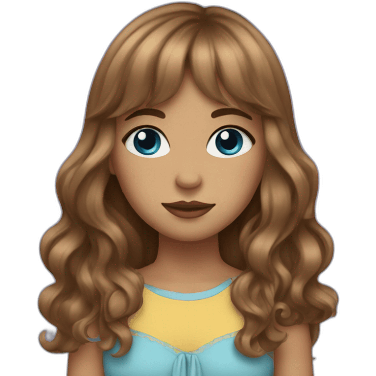 girl with long brown wavy hair with curtain bangs, blue eyes, and high cheekbones emoji