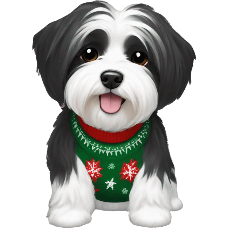 Black and white havanese in Christmas sweater emoji