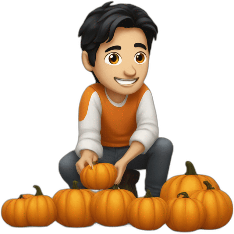 Guy with black hair painting pumpkins emoji