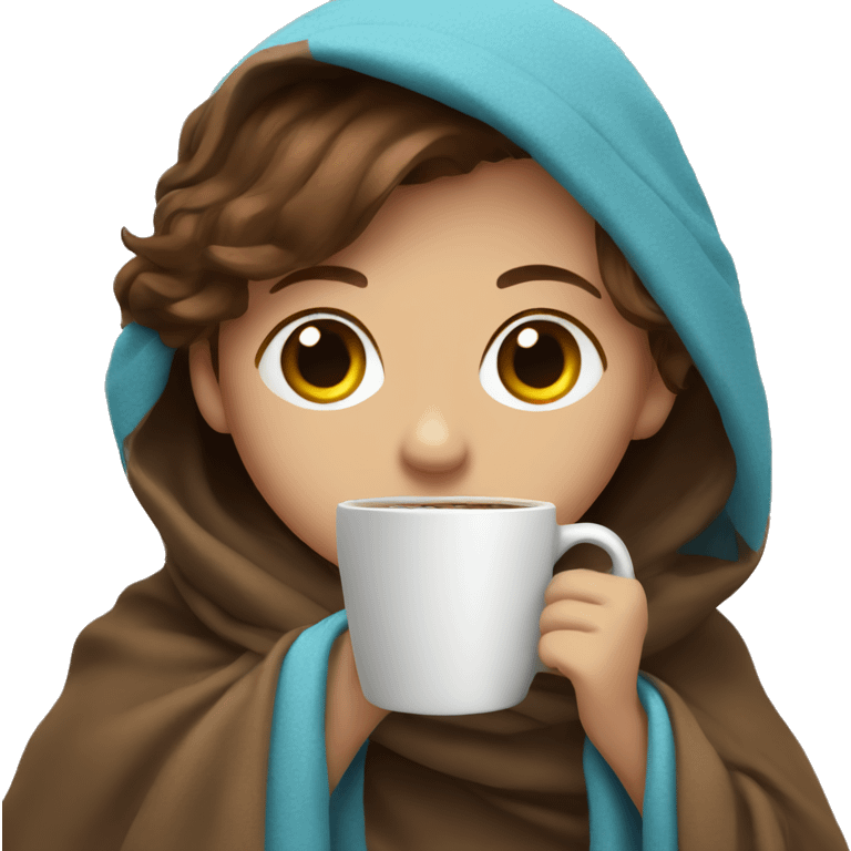 Brown hair with blue eyes drinking coffee wrapped in a blanket  emoji