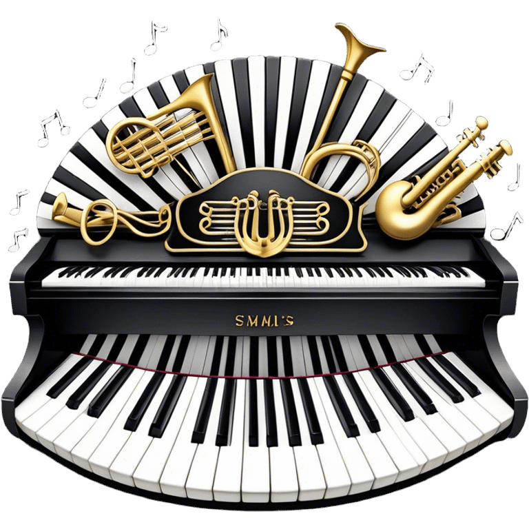 Create a detailed and elegant emoji collage representing keyboard instruments in a celebratory and professional style, reminiscent of a coat of arms. The design should feature a central arrangement of black and white piano keys, forming a symmetrical, powerful image. Around the keys, include a flowing ribbon of musical notes that intertwines with the keys, creating a sense of movement and harmony. Use gold and silver accents to highlight the keys and musical notes, giving the design a festive, high-quality appearance. The design should convey professionalism, elegance, and a sense of occasion. Add subtle reflections on the piano keys to enhance the polished look. The background should be transparent. emoji