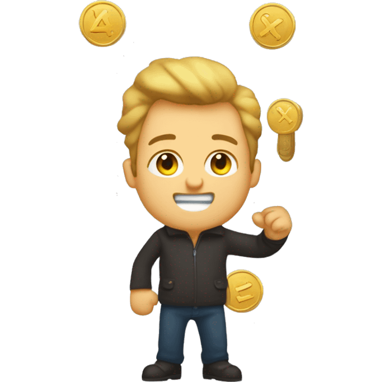 Create a emoji of elonmosk handle a golden coin  in the golden coin write X in the background write X in capital emoji