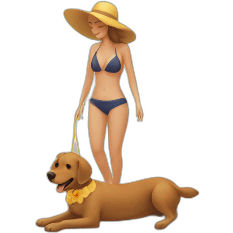 Crear un perro en la playa tomando sol y acompañado de una mujer sexi emoji