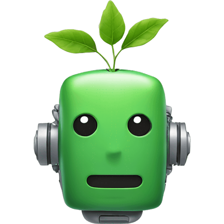 a green friend smiling robot with a leaf sticking at out of the top of his head emoji