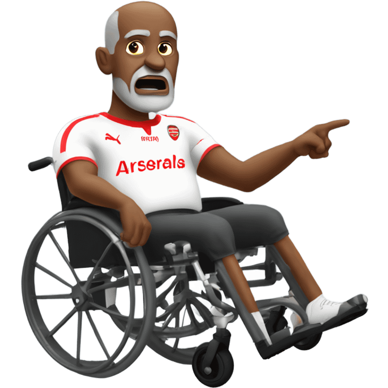 old black bald man with a round belly in wheelchair. angry face. grey stubble. he is pointing finger in front. wearing Arsenal soccer shirt. saying word bubble emoji