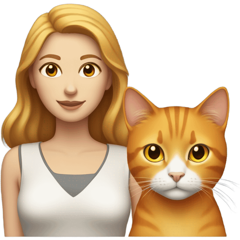 a woman with light brown hair, lightly tanned white skin with honey-colored eyes, and an orange cat with yellow eyes emoji