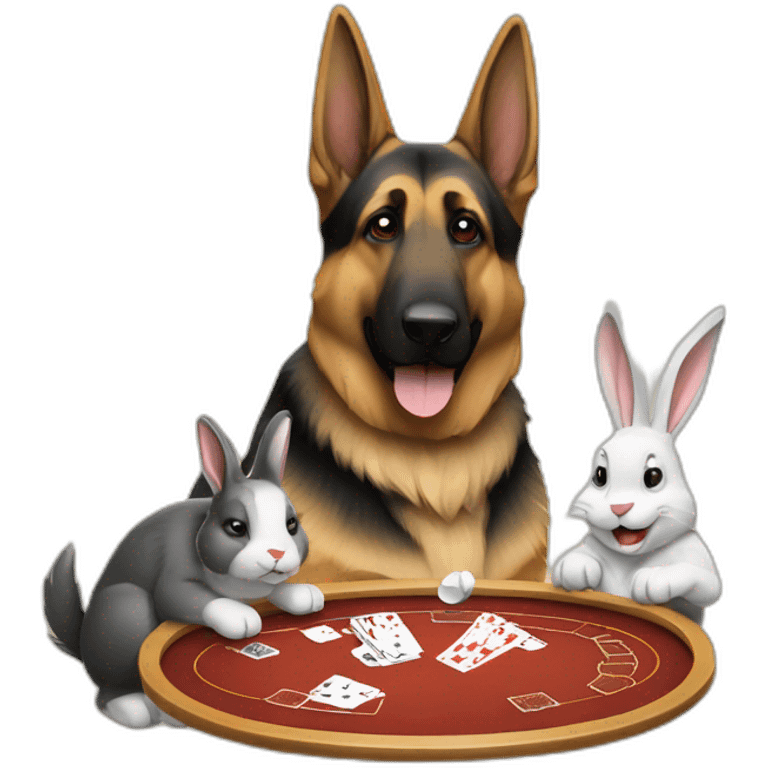 A German shepherd and a rabbit playing poker emoji