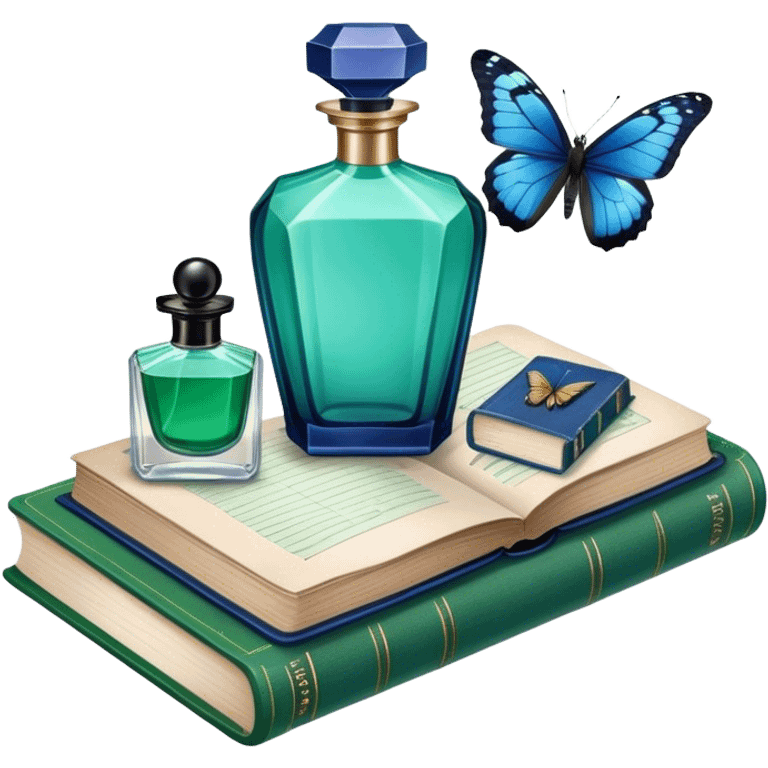 A vintage still-life composition featuring a navy perfume bottle, an old green book, and a blue butterfly. emoji