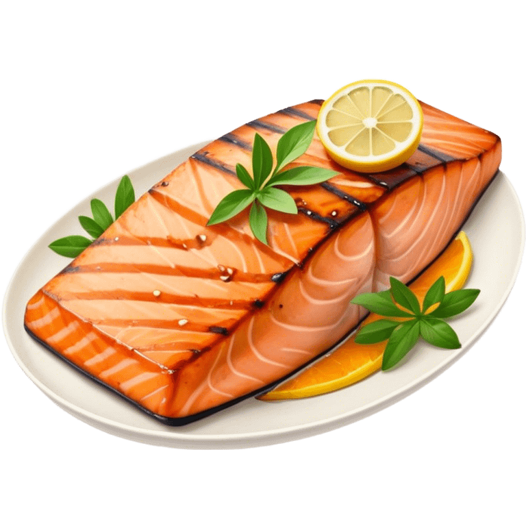 Cinematic perfectly grilled salmon, rich orange hues with crispy skin, garnished with fresh herbs, drizzled with lemon, ultra-detailed and delicious. emoji