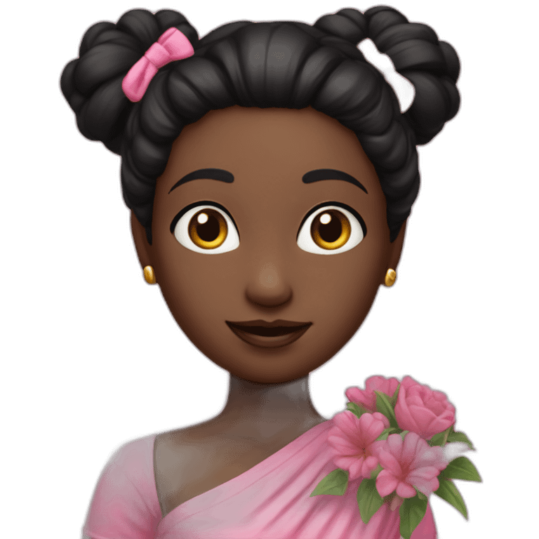 white skin girl- black hair one bun - wearing crazy pink cloth -holding bouquet emoji