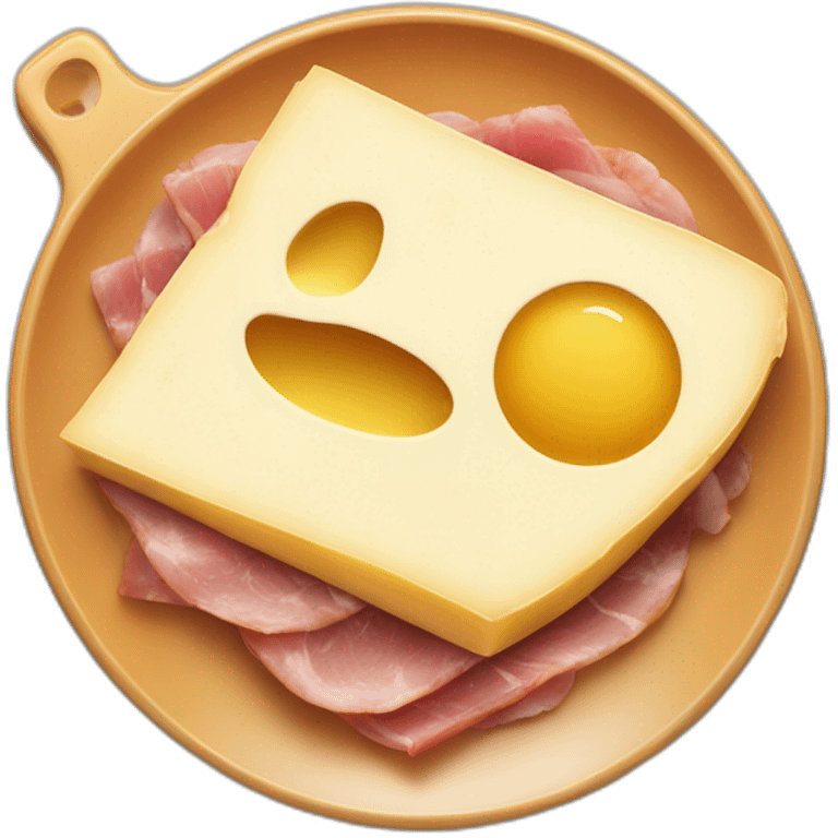 A big Melting raclette cheese in a plate with a little piece of ham and 4 potatoes  emoji