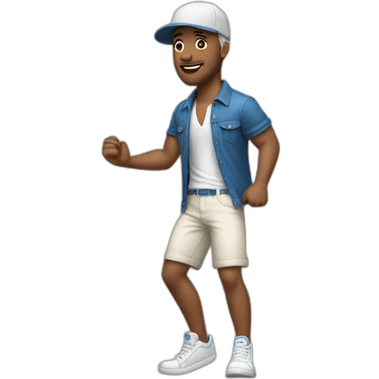 white man, cross earring, cap and short shorts, dancing emoji