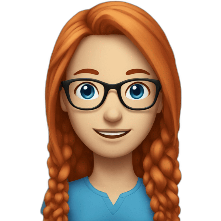 female with long red hair and glasses smiling with blue eyes emoji