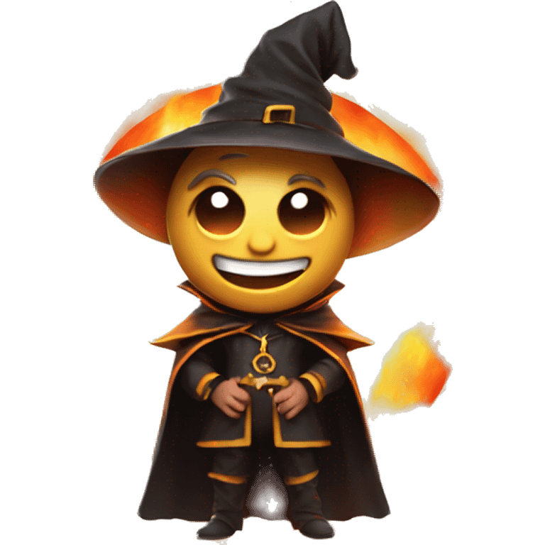 Human demonologist in a wizard costume, surrounded by a fiery halo, Halloween theme, emoji emoji