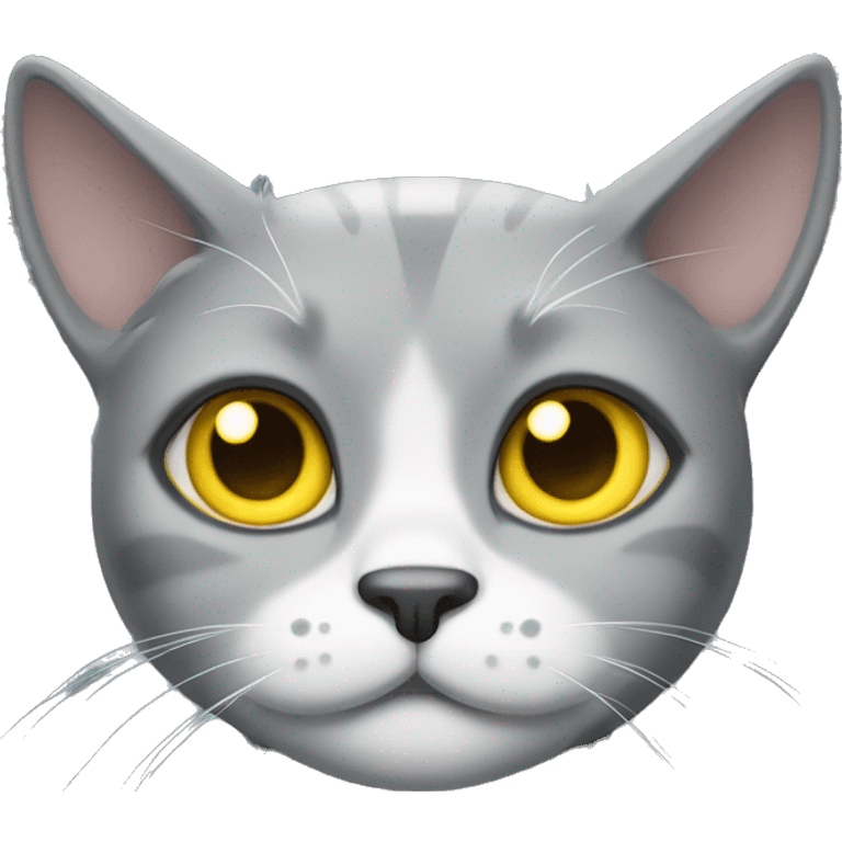 A grey cat with yellow eyes, white spots and drooping ears emoji