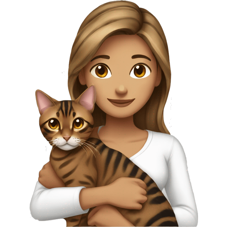 woman long brown hair hug bengal cat emoji