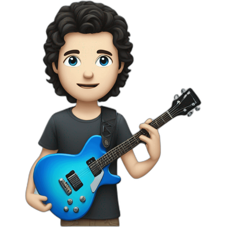 white boy with dark hair and blue eyes, with guitar emoji